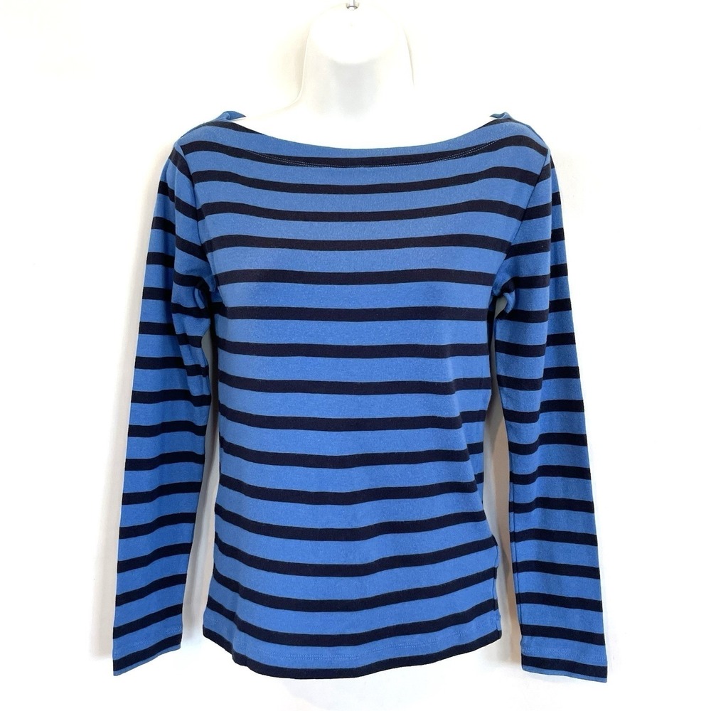 Gap Boatneck‎ Striped Top Petite Medium Blue Long Sleeve Knit Shirt PM